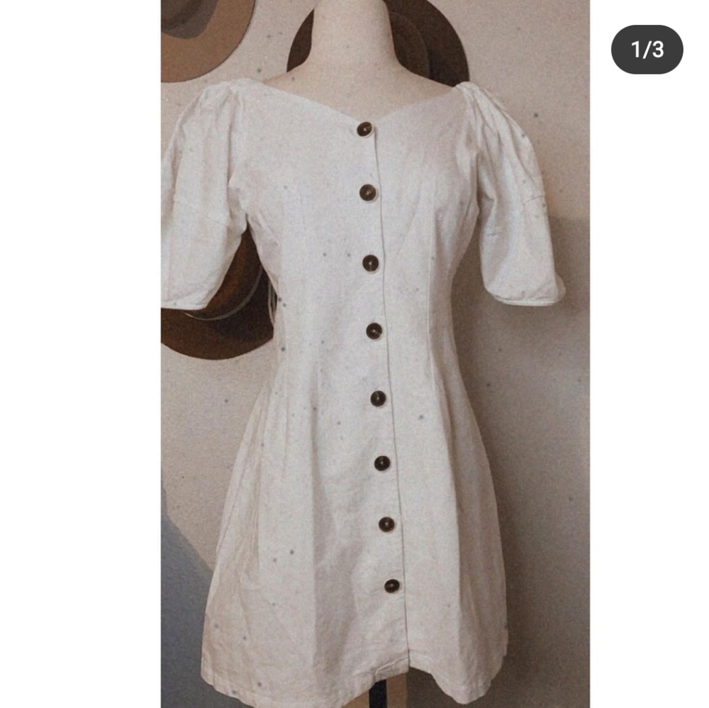 White Canvas Button Puff Sleeve Dress